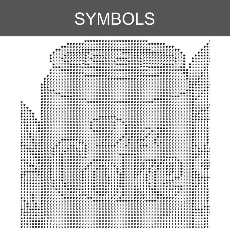 May include: A cross-stitch pattern chart labeled SYMBOLS at the top, featuring a grid of black characters including the letter D, stars, and the number 4 on a white background, organized to guide the placement of stitches for a needlework project.