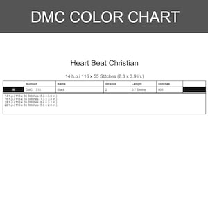 May include: A DMC color chart for a Heart Beat Christian cross stitch pattern. The table lists DMC 310 black thread, requiring 2 strands and 0.7 skeins for 906 stitches. It includes dimensions for 14, 16, 18, and 22 h.p.i. fabric counts in inches.