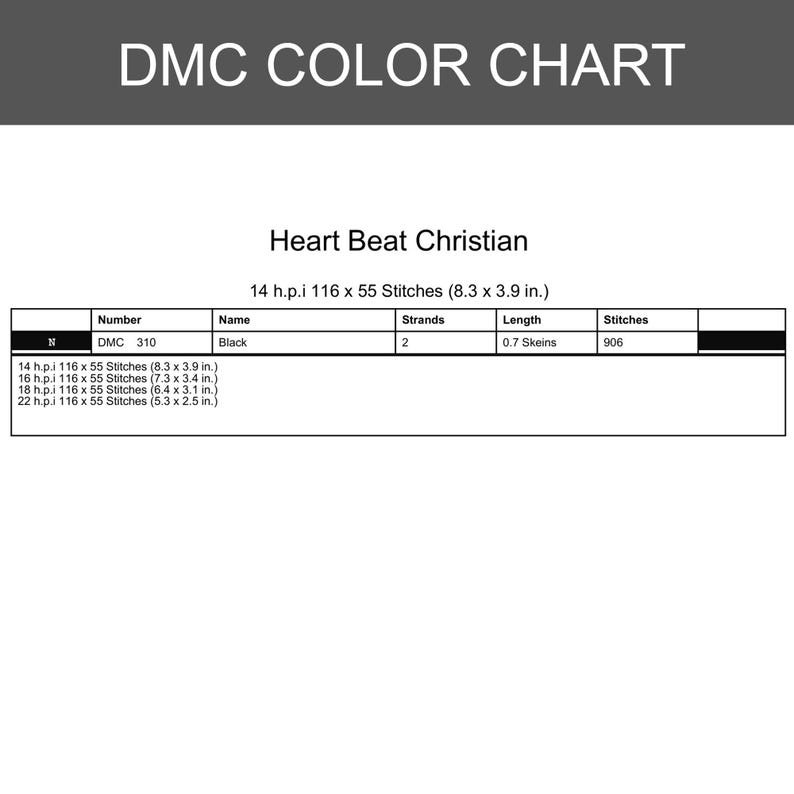 May include: A DMC color chart for a Heart Beat Christian cross stitch pattern. The table lists DMC 310 black thread, requiring 2 strands and 0.7 skeins for 906 stitches. It includes dimensions for 14, 16, 18, and 22 h.p.i. fabric counts in inches.