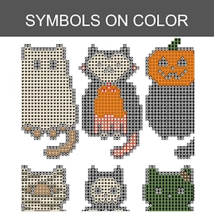 Puede incluir: Un patr&oacute;n de punto de cruz titulado SYMBOLS ON COLOR que presenta seis dise&ntilde;os de gatos pixelados. Los gatos est&aacute;n representados en varios colores, incluyendo blanco, naranja, gris y verde, con s&iacute;mbolos geom&eacute;tricos sobre cada bloque.