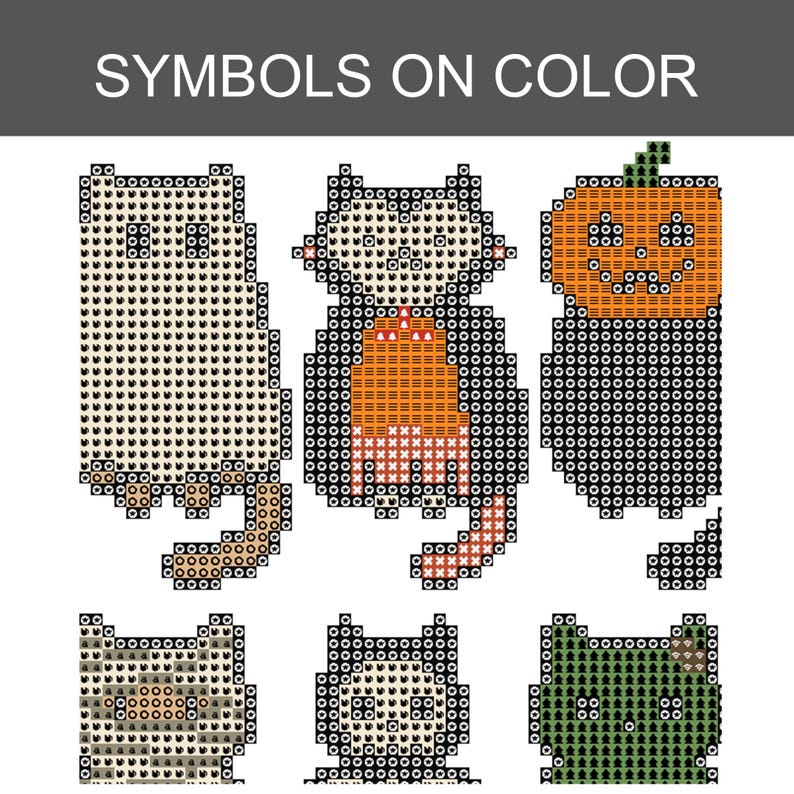 Puede incluir: Un patr&oacute;n de punto de cruz titulado SYMBOLS ON COLOR que presenta seis dise&ntilde;os de gatos pixelados. Los gatos est&aacute;n representados en varios colores, incluyendo blanco, naranja, gris y verde, con s&iacute;mbolos geom&eacute;tricos sobre cada bloque.