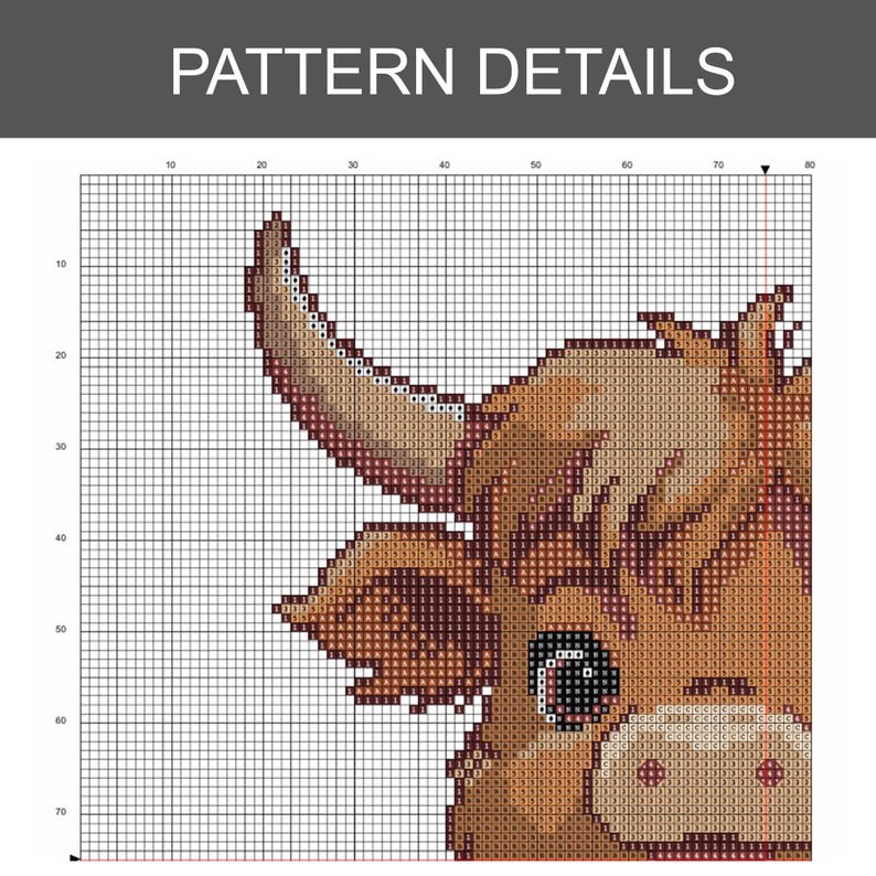 May include: A cross-stitch pattern featuring a Highland cow's head, with a grid background. The cow has brown and tan fur, a light pink nose, and black eyes. The text "PATTERN DETAILS" is at the top.