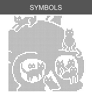 May include: A black and white graphic pattern composed of small diamond-shaped symbols forming a larger skull shape. The word SYMBOLS is printed in white text on a dark gray bar at the top. The design features intricate dot-matrix style details.