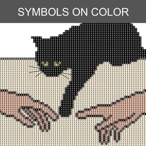 Pode incluir: Um padr&atilde;o de pintura de diamante com a silhueta de um gato preto sobre um fundo claro, com o texto SYMBOLS ON COLOR no topo. O design &eacute; composto por uma grade de pequenos quadrados, cada um marcado com os n&uacute;meros 3, 4 ou 5 para as cores.
