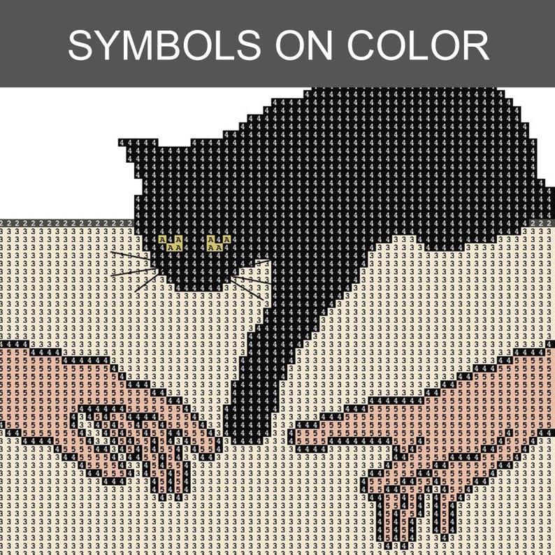 Pode incluir: Um padr&atilde;o de pintura de diamante com a silhueta de um gato preto sobre um fundo claro, com o texto SYMBOLS ON COLOR no topo. O design &eacute; composto por uma grade de pequenos quadrados, cada um marcado com os n&uacute;meros 3, 4 ou 5 para as cores.