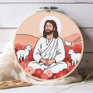 Jesus mit Lämmern Kreuzstichmuster Christliche religiöse Stickerei (PDF digitaler Download) Bild 1