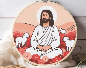 Jesus with Lambs Cross Stitch Pattern Christian Religious Embroidery (PDF Digital Download)