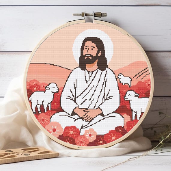Jesus with Lambs Cross Stitch Pattern Christian Religious Embroidery (PDF Digital Download)