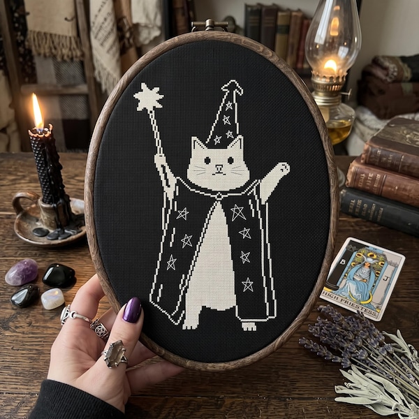 Wizard Cat Cross Stitch Pattern, Witchy Embroidery, Magical Needlepoint, Instant Download PDF