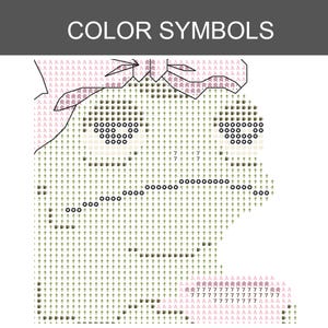 Op de afbeelding: Een kruissteekpatroon met de titel COLOR SYMBOLS, bestaande uit een raster van letters, cijfers en iconen. Het ontwerp toont een gestileerd gezicht met haar aan de bovenkant, gedefinieerd door symbolen zoals pijlen, koffiemokken, sterren en de letter A op een witte achtergrond.