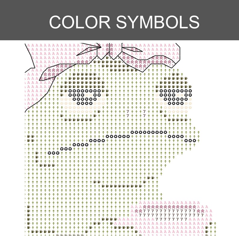 Op de afbeelding: Een kruissteekpatroon met de titel COLOR SYMBOLS, bestaande uit een raster van letters, cijfers en iconen. Het ontwerp toont een gestileerd gezicht met haar aan de bovenkant, gedefinieerd door symbolen zoals pijlen, koffiemokken, sterren en de letter A op een witte achtergrond.