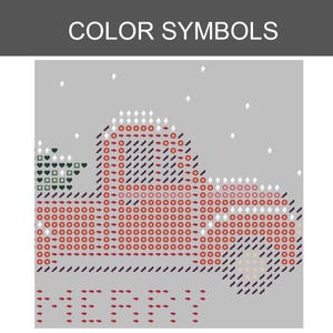 May include: A cross-stitch pattern on a gray background labeled COLOR SYMBOLS. The design features a red truck carrying a green tree, composed of various symbols like stars, arrows, and spades. The word MERRY is spelled out in red arrows at the bottom.