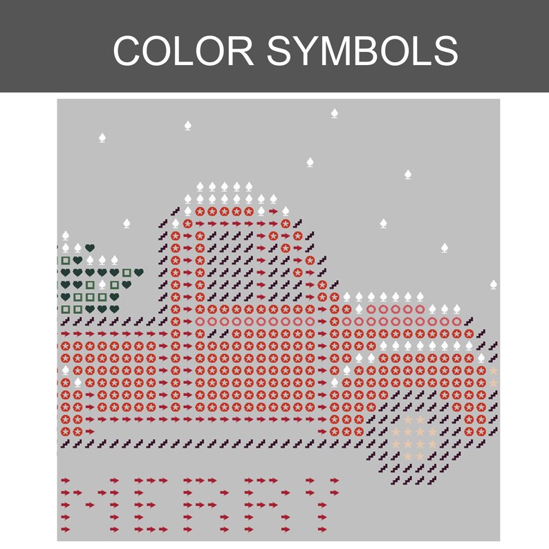 May include: A cross-stitch pattern on a gray background labeled COLOR SYMBOLS. The design features a red truck carrying a green tree, composed of various symbols like stars, arrows, and spades. The word MERRY is spelled out in red arrows at the bottom.