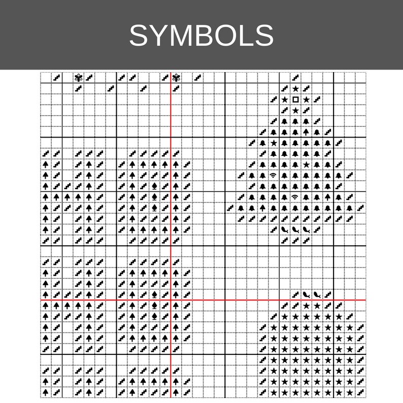 Op de afbeelding: Een kruissteekpatroon met de titel SYMBOLS, voorzien van een rasterindeling met zwart-witte iconen. Het ontwerp bevat geometrische vormen en gestileerde boommotieven die zijn opgebouwd uit diverse symbolen zoals pijlen, sterren, klokken en schoppen.