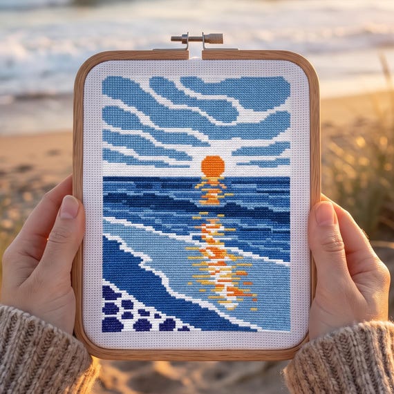 Geometric Ocean Sunset Cross Stitch Pattern | Coastal Seascape Needlepoint Chart (PDF Download)