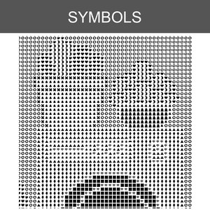 Puede incluir: Un patr&oacute;n de cuadr&iacute;cula cuadrada titulado SYMBOLS que presenta un dise&ntilde;o de mosaico en blanco y negro. La imagen se compone de filas repetitivas de varios iconos peque&ntilde;os, incluidos c&iacute;rculos, corazones, lunas crecientes, estrellas y tri&aacute;ngulos.