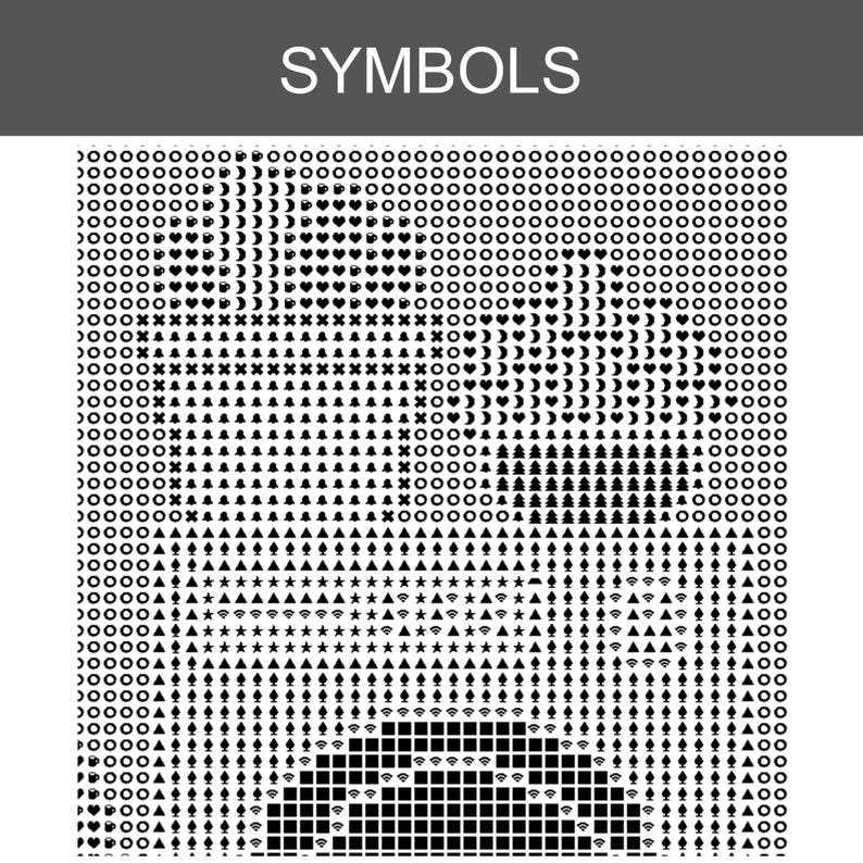 Puede incluir: Un patr&oacute;n de cuadr&iacute;cula cuadrada titulado SYMBOLS que presenta un dise&ntilde;o de mosaico en blanco y negro. La imagen se compone de filas repetitivas de varios iconos peque&ntilde;os, incluidos c&iacute;rculos, corazones, lunas crecientes, estrellas y tri&aacute;ngulos.