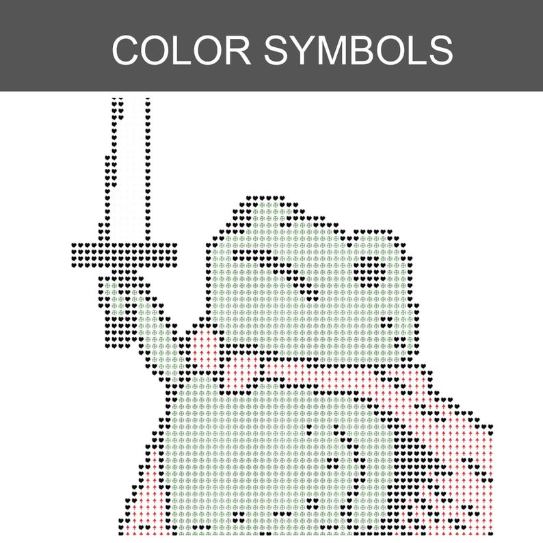May include: A cross-stitch pattern titled COLOR SYMBOLS featuring a pixelated frog character holding a sword. The design is composed of small heart and cross symbols in black, white, and red, creating a grid-like image of a frog warrior.