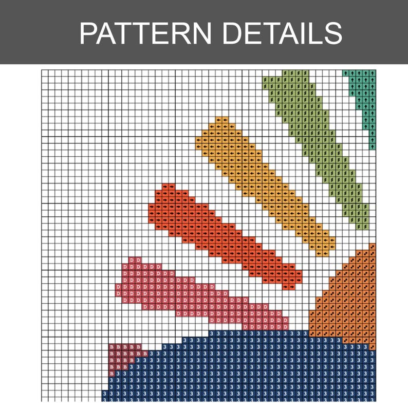 Op de afbeelding: Een kruissteekpatroon met de tekst "PATTERN DETAILS" bovenaan. Het patroon toont diagonale strepen in rood, roze, oranje, geel, groen en blauwgroen, tegen een witte achtergrond. Een blauw gedeelte bevindt zich onderaan.