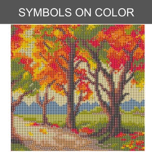 Puede incluir: Un lienzo de diamond painting que muestra un paisaje forestal con follaje oto&ntilde;al en tonos naranja, rojo, amarillo y verde. El dise&ntilde;o est&aacute; superpuesto con una cuadr&iacute;cula de s&iacute;mbolos alfanum&eacute;ricos para codificar colores, con el texto SYMBOLS ON COLOR.