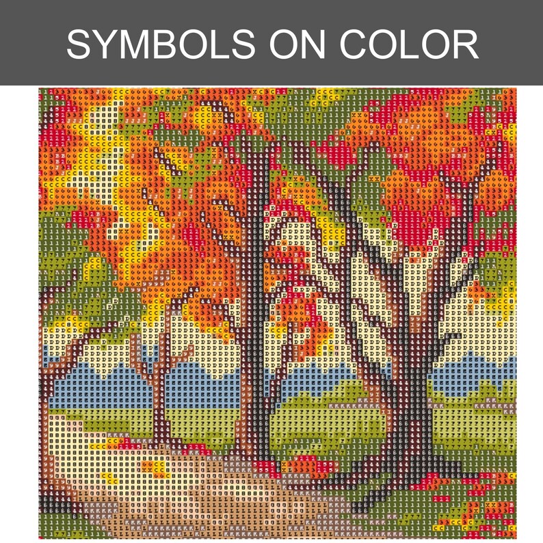 Puede incluir: Un lienzo de diamond painting que muestra un paisaje forestal con follaje oto&ntilde;al en tonos naranja, rojo, amarillo y verde. El dise&ntilde;o est&aacute; superpuesto con una cuadr&iacute;cula de s&iacute;mbolos alfanum&eacute;ricos para codificar colores, con el texto SYMBOLS ON COLOR.