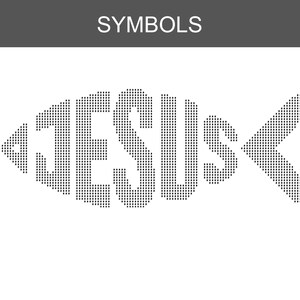 Puede incluir: Un dise&ntilde;o gr&aacute;fico en blanco y negro con la palabra SYMBOLS en la parte superior. Debajo, un contorno con forma de pez est&aacute; formado por un patr&oacute;n de peque&ntilde;os puntos negros, con la palabra JESUS escrita en el centro en estilo de matriz.