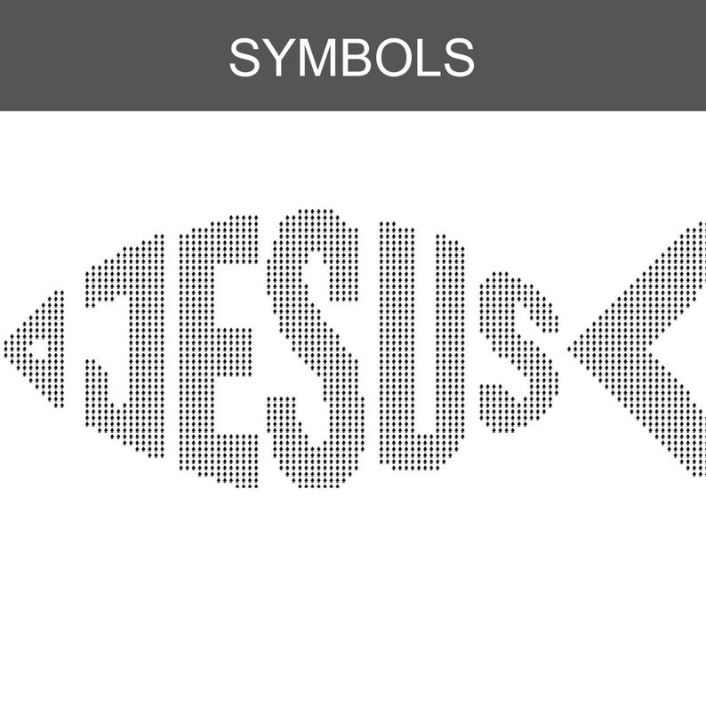 Puede incluir: Un dise&ntilde;o gr&aacute;fico en blanco y negro con la palabra SYMBOLS en la parte superior. Debajo, un contorno con forma de pez est&aacute; formado por un patr&oacute;n de peque&ntilde;os puntos negros, con la palabra JESUS escrita en el centro en estilo de matriz.