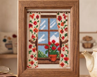 Cottagecore fönster korsstygnsmönster, vintage blombroderi, omedelbar nedladdning