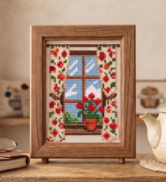Cottagecore Window Cross Stitch Pattern, Vintage Flower Embroidery, Instant Download