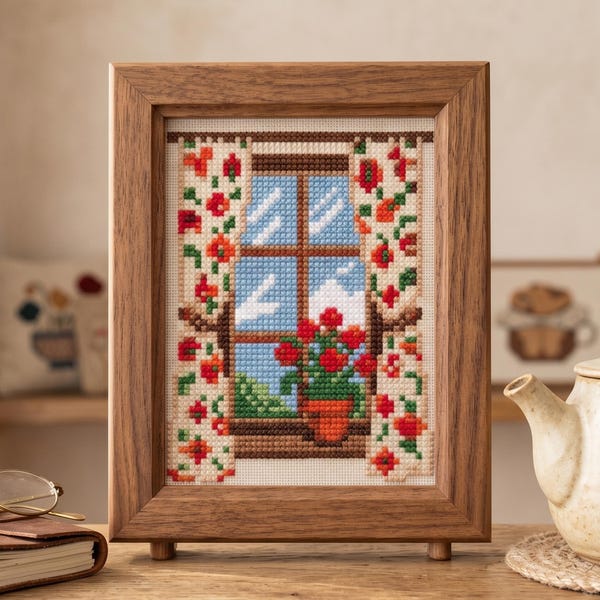Cottagecore Window Cross Stitch Pattern, Vintage Flower Embroidery, Instant Download