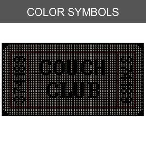 May include: A rectangular cross-stitch pattern chart titled COLOR SYMBOLS featuring a black background filled with the number 4. The text COUCH CLUB is centred in a bold font, with the word SEATS vertically oriented on both the left and right sides.