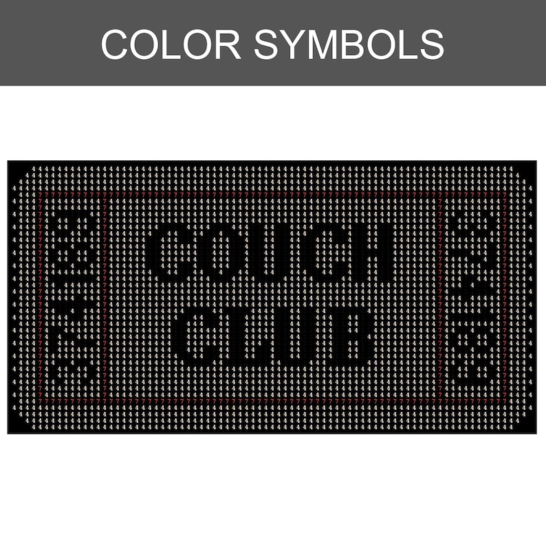 May include: A rectangular cross-stitch pattern chart titled COLOR SYMBOLS featuring a black background filled with the number 4. The text COUCH CLUB is centred in a bold font, with the word SEATS vertically oriented on both the left and right sides.