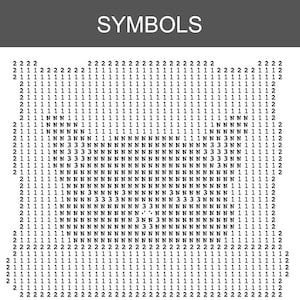Pode incluir: Imagem a preto e branco com a palavra "SYMBOLS" no topo. Abaixo, um padr&atilde;o de n&uacute;meros e letras, principalmente 1s, 2s e Ns, cria um design pixelizado. O efeito geral &eacute; uma est&eacute;tica digital ou codificada.