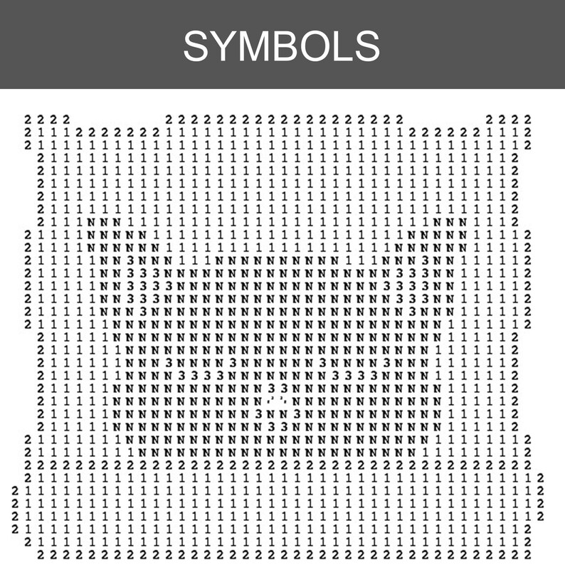 Pode incluir: Imagem a preto e branco com a palavra "SYMBOLS" no topo. Abaixo, um padr&atilde;o de n&uacute;meros e letras, principalmente 1s, 2s e Ns, cria um design pixelizado. O efeito geral &eacute; uma est&eacute;tica digital ou codificada.