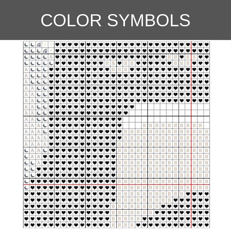 Op de afbeelding: Een kruissteekpatroon met de titel COLOR SYMBOLS, bestaande uit een raster van zwarte en witte vierkanten. Het raster bevat herhalende symbolen, waaronder hartjes, maansikkels, de letter A en de letter H, in een gestructureerde opmaak.
