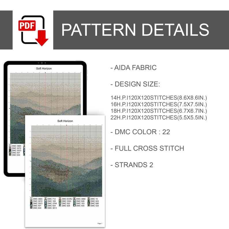 May include: A digital cross-stitch pattern details page. The page includes a PDF icon, a tablet and a printed page displaying a landscape design. The text reads "Pattern Details", "Aida Fabric", "Design Size", "DMC Colour: 22", "Full Cross Stitch", and "Strands 2".