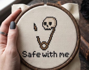 Safe With Me Skull Safety Pin Cross Stitch Pattern, Gothic Punk Safety Pin Needlepoint Chart, Instant Download