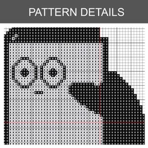 May include: A black and white cross-stitch pattern chart titled PATTERN DETAILS. The grid features a stylized character design with large circular eyes, filled with black and white symbols including spades and the letter N on a white background.
