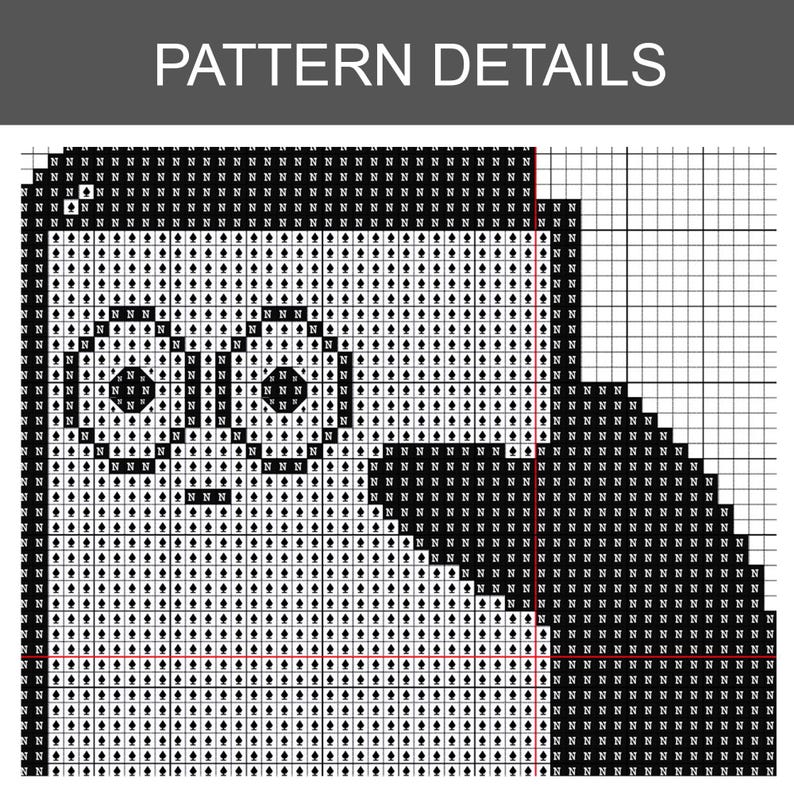 May include: A black and white cross-stitch pattern chart titled PATTERN DETAILS. The grid features a stylized character design with large circular eyes, filled with black and white symbols including spades and the letter N on a white background.