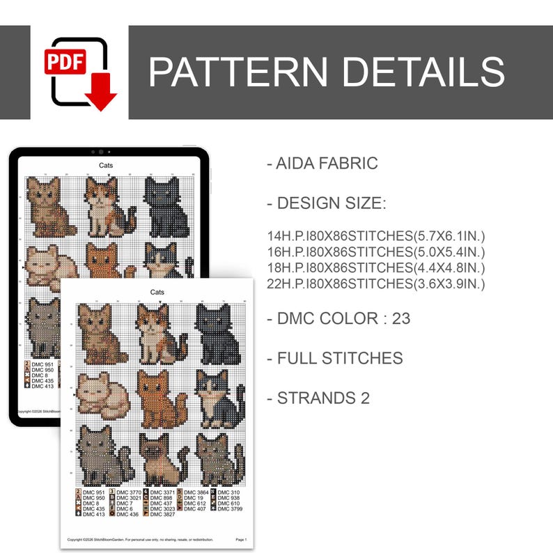 Puede incluir: Un patr&oacute;n de punto de cruz digital con dise&ntilde;os de gatos. Los detalles del patr&oacute;n incluyen tela Aida, tama&ntilde;os de dise&ntilde;o que van desde 9,1 cm x 9,9 cm hasta 14,5 cm x 15,5 cm, 23 colores DMC, puntadas completas y 2 hebras.