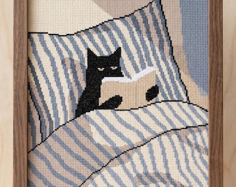 Patrón de punto de cruz de gato negro leyendo / Bordado en PDF leyendo / Descarga instantánea