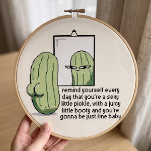 Puede incluir: Un bastidor de bordado circular de madera que contiene un diseño de punto de cruz de un pepinillo verde mirándose en un espejo. El pepinillo tiene un trasero prominente. El texto dice: remind yourself every day that you're a sexy little pickle, with a juicy little booty and you're gonna be just fine baby.