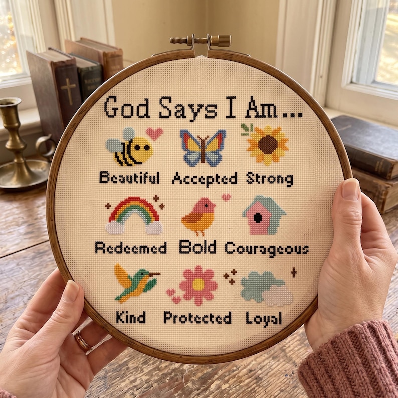 K&ouml;nnte beinhalten: Ein runder Holzstickrahmen mit einem Kreuzstich-Muster auf cremefarbenem Stoff. Der Text lautet God Says I Am... gefolgt von neun Reihen mit Symbolen und W&ouml;rtern: Beautiful, Accepted, Strong, Redeemed, Bold, Courageous, Kind, Protected, Loyal.