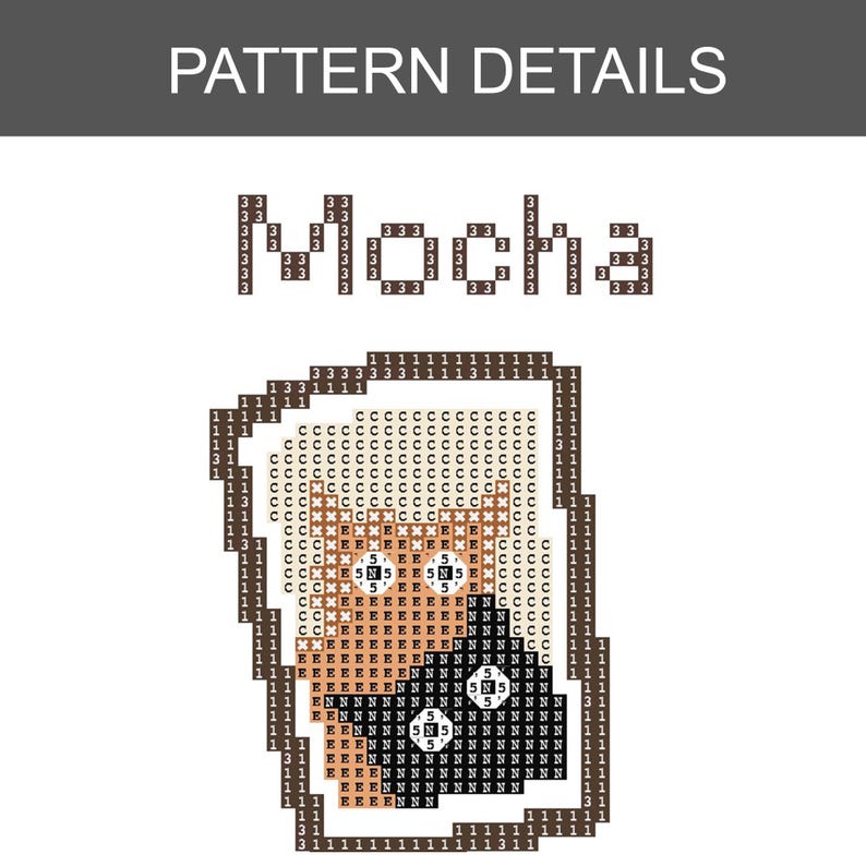 May include: A cross-stitch pattern with the word "Mocha" above a pixelated image of a coffee cup. The cup features brown, black, and white colors, with the text "5" and "N" visible within the design. The words "PATTERN DETAILS" are at the top.