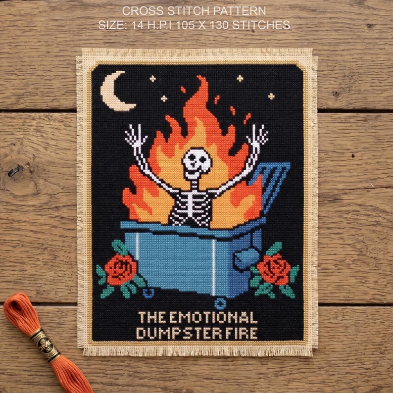 Emotionales Mülltonnen-Feuer Kreuzstichmuster | Dark Humor Kreuzstich Anleitung Bild 2