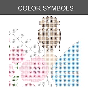 Peut inclure: Un diagramme de point de croix intitul&eacute; COLOR SYMBOLS pr&eacute;sentant une grille de symboles et de chiffres. Le motif repr&eacute;sente une personne avec un chignon brun, des &eacute;l&eacute;ments floraux roses et une robe bleue, indiqu&eacute;s par des codes.