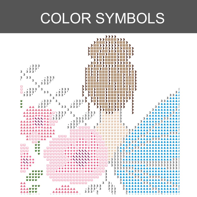 Peut inclure: Un diagramme de point de croix intitul&eacute; COLOR SYMBOLS pr&eacute;sentant une grille de symboles et de chiffres. Le motif repr&eacute;sente une personne avec un chignon brun, des &eacute;l&eacute;ments floraux roses et une robe bleue, indiqu&eacute;s par des codes.