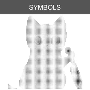 K&ouml;nnte beinhalten: Ein Kreuzstichmuster mit der &Uuml;berschrift SYMBOLS, das die Silhouette einer Katze aus sich wiederholenden Symbolen zeigt. Die Katze sitzt mit erhobener Pfote, und das Design ist in Schwarz auf einem wei&szlig;en Hintergrund dargestellt.