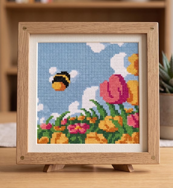 Bumblebee and Flowers Cross Stitch Pattern, Spring Garden Embroidery, Instant Download PDF