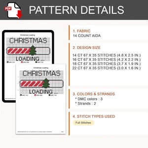 Pu&ograve; includere: Uno schema digitale a punto croce intitolato Christmas Loading con una barra di caricamento e un albero verde. I dettagli includono tela Aida 14 count, 3 colori DMC, 2 fili e punti pieni. Dimensioni da 12,2 x 6,4 cm a 7,6 x 4,1 cm.